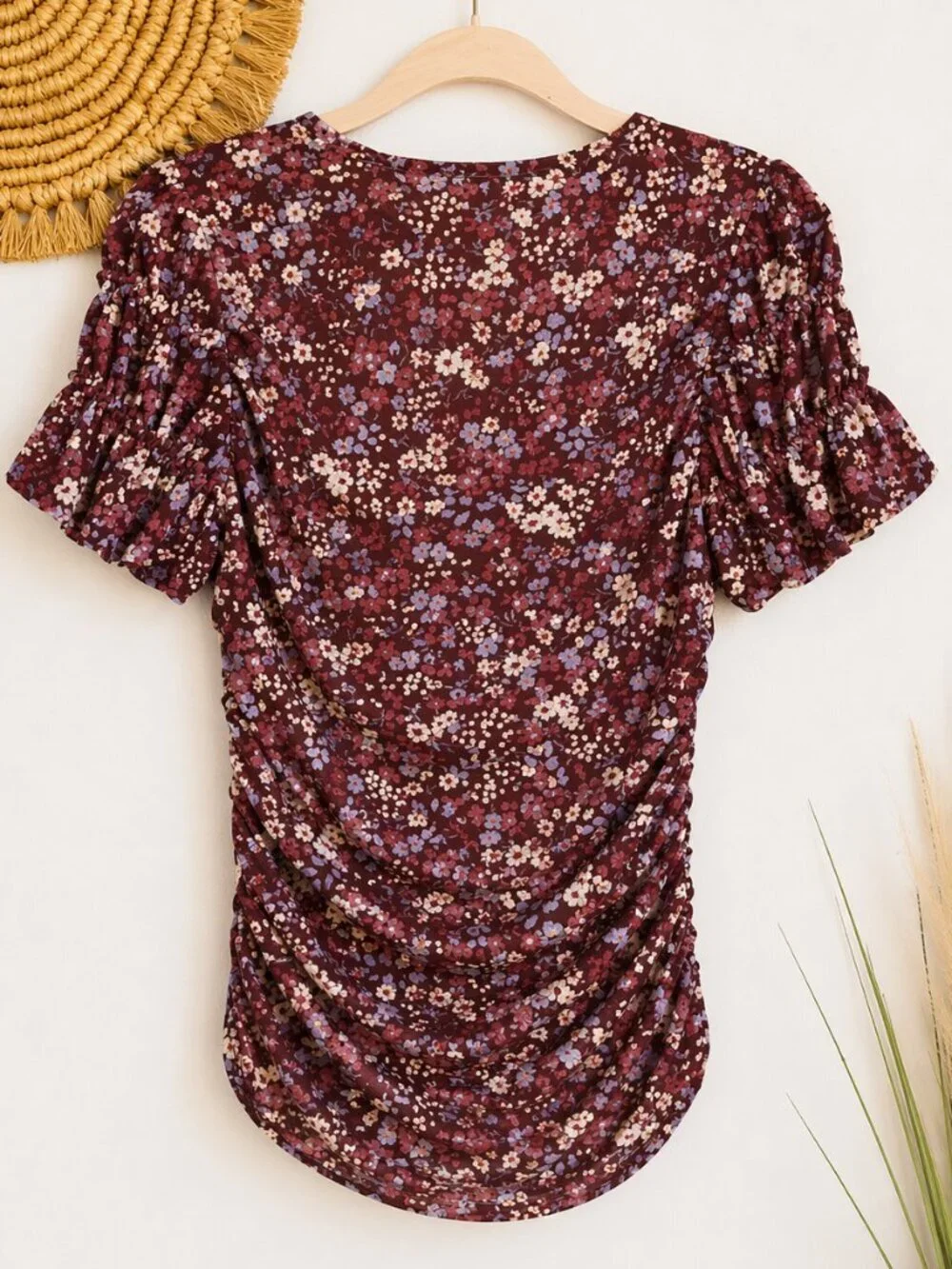 Anthropologie NEW Aurelia Ruched Shirred Red Ditsy Floral Mesh Top SZ Medium Y2K